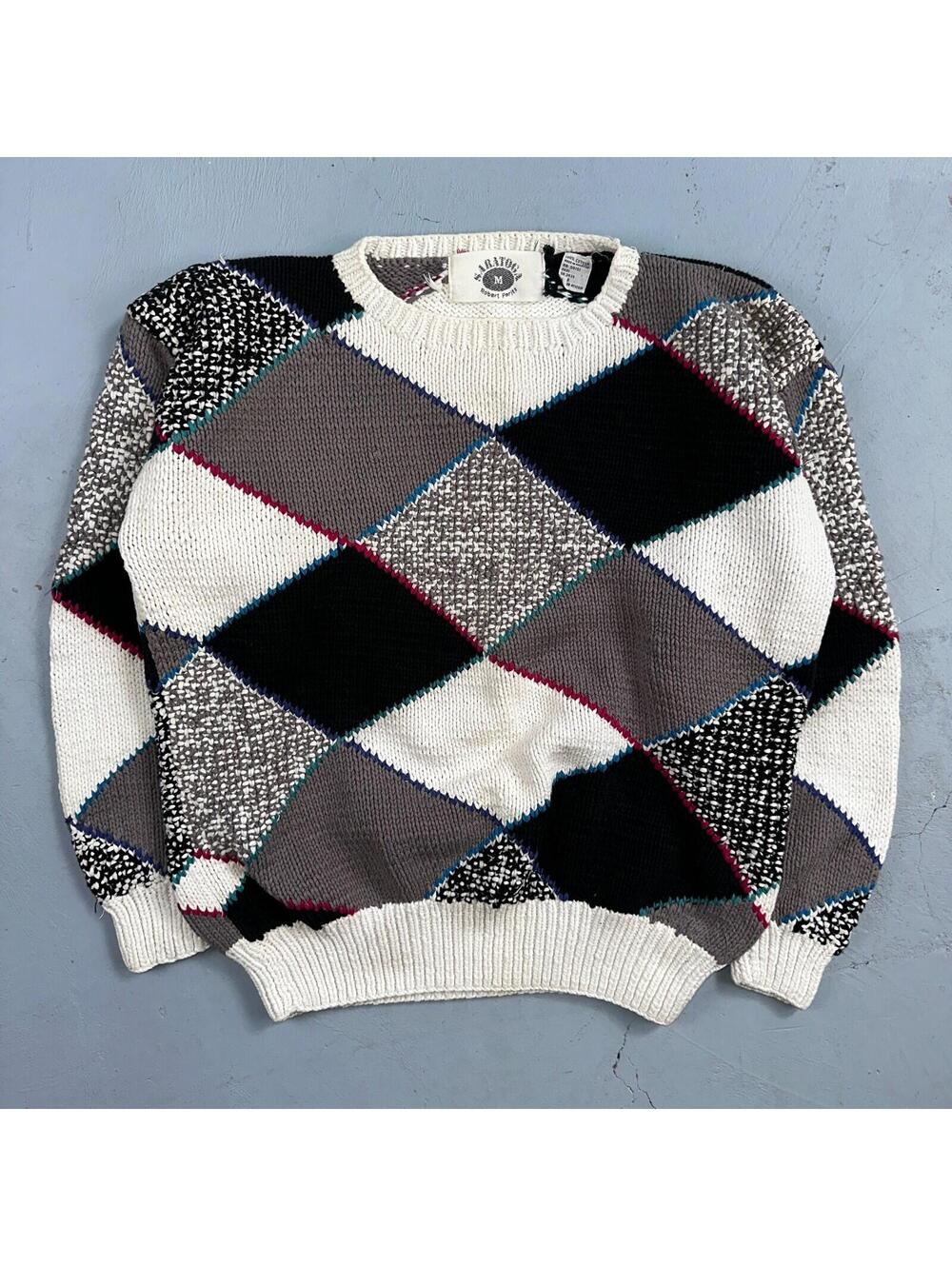 Vintage 80s Saratoga Robert Peritz Striped Cotton Cable Knit Golf Sweater Chic